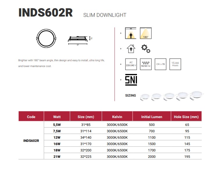 SLIM DOWNLIGHT LED IN-LITE INDS602R - White ( 6500K ) - 7.5 Watt