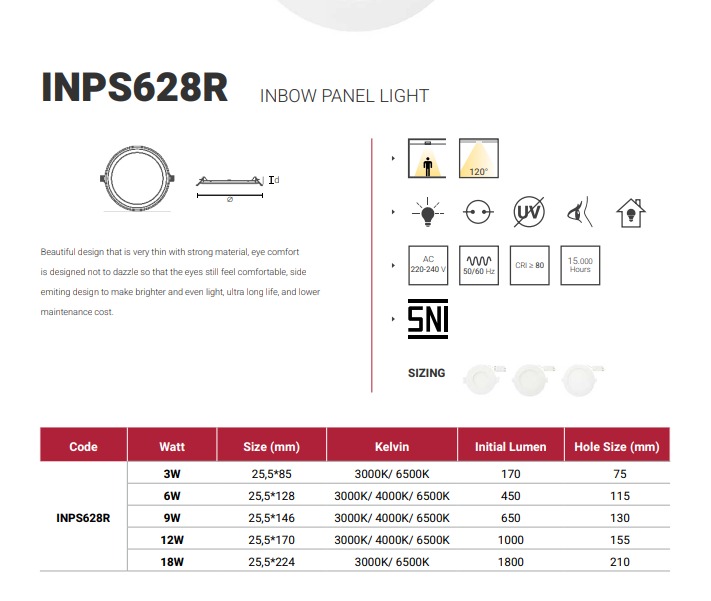 PANEL LIGHT LED INBOW IN-LITE (BUNDAR) INPS628R - 3 Watt