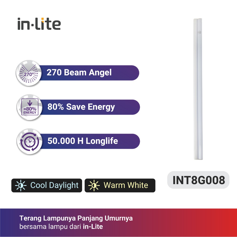 LAMPU TL LED IN-LITE T8 INT8G008 - Putih ( 7000K ) - 9 Watt